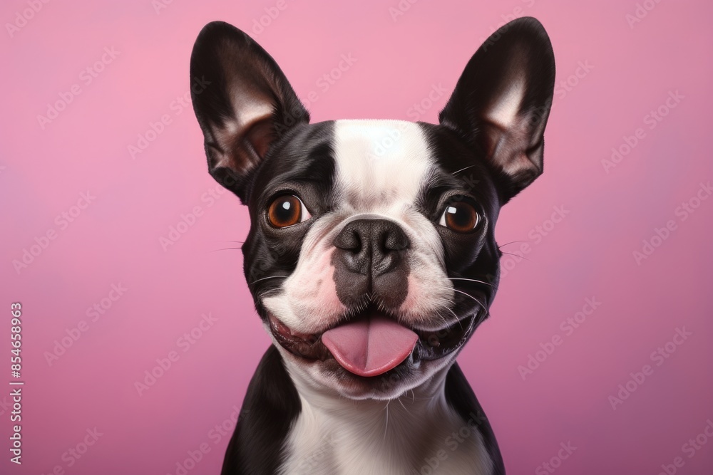 Portrait of a smiling boston terrier isolated on pastel purple background Portrait of a smiling boston terrier isolated on pastel purple background