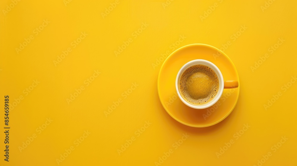 Top view of espresso coffee cup on yellow background with copy space Morning concept Wishing you a great day Top view of espresso coffee cup on yellow background with copy space Morning concept Wishing you a great day