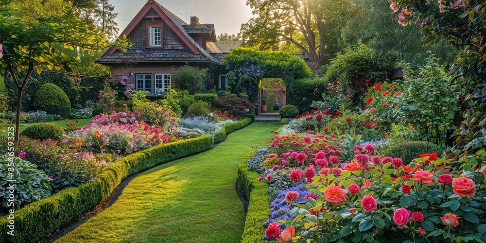 Obraz premium A Lush Garden Path Leading to a House