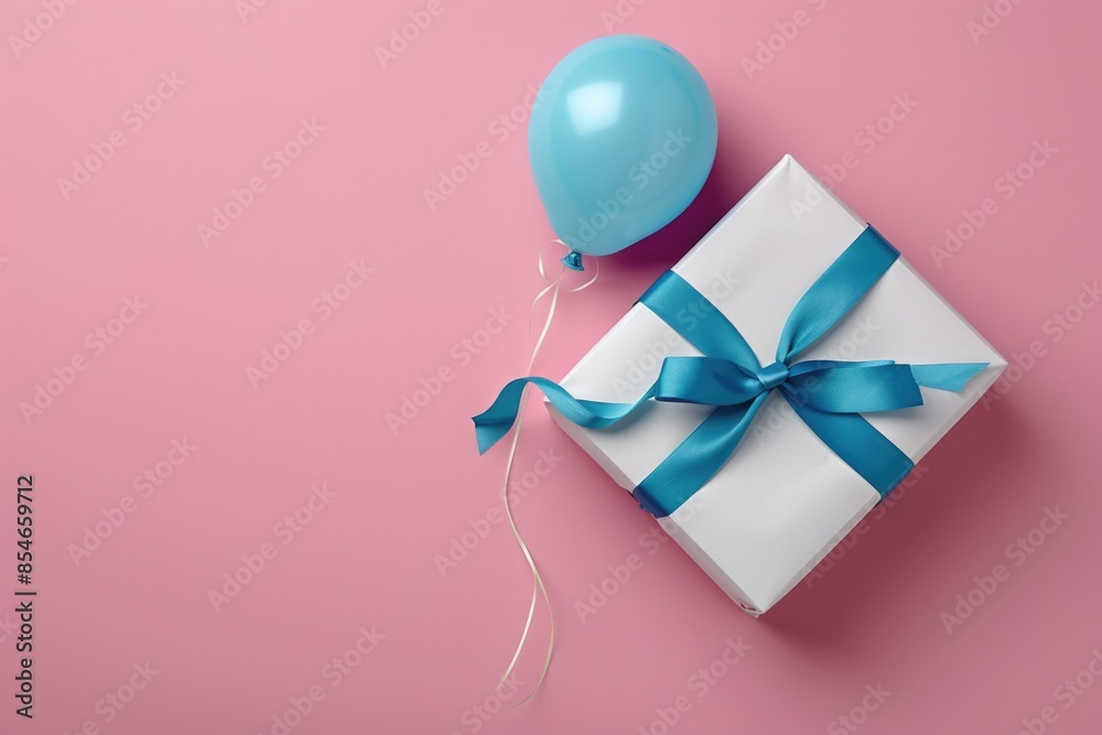 A beautifully wrapped gift box with a blue ribbon and a blue balloon, ideal for birthday or celebration scenes A beautifully wrapped gift box with a blue ribbon and a blue balloon, ideal for birthday or celebration scenes