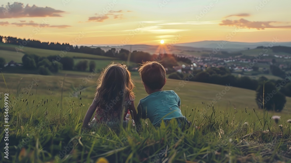 Two Children Boy and Girl Bestfriend Watching Sunset Two Children Boy and Girl Bestfriend Watching Sunset