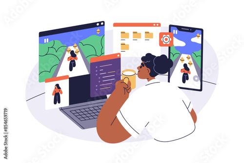 Video game developer designing characters and animations. Designer, creator works at computer, coding and developing digital entertainment. Flat vector illustration isolated on white background