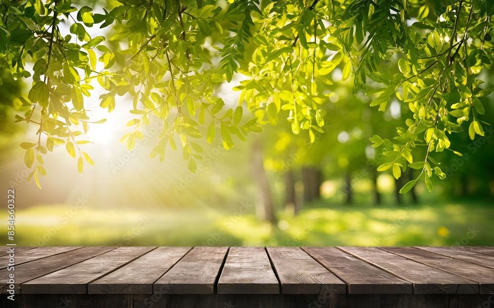 Spring summer beautiful natural background with green foliage in sunlight and empty wooden table outdoors. Abstract backgrounds wallpaper. Ai generative