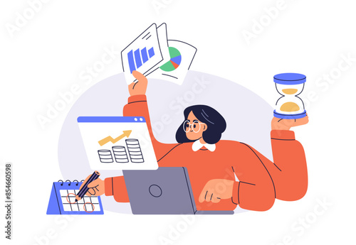 Multitasking, time management, productivity concept. Busy business woman, project manager at work. Efficient employee planning deadlines, tasks. Flat vector illustration isolated on white background photo