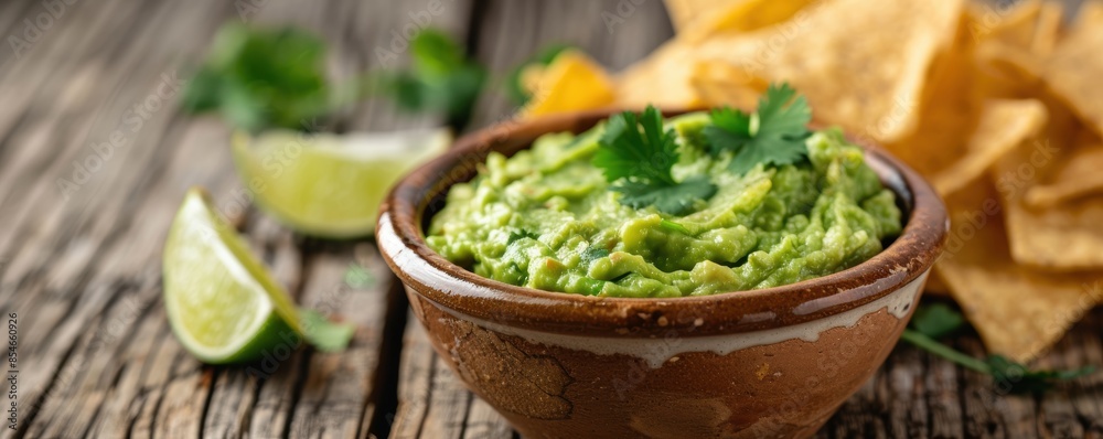 Wooden bowl of creamy guacamole topped with fresh cilantro, served with lime wedges and tortilla chips on rustic wooden background. Wooden bowl of creamy guacamole topped with fresh cilantro, served with lime wedges and tortilla chips on rustic wooden background.