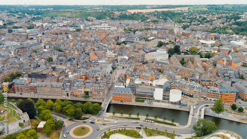 Namur, Belgium. Arrow at the confluence of the Sambre and Meuse rivers. City Square d Armes, Aerial View photo