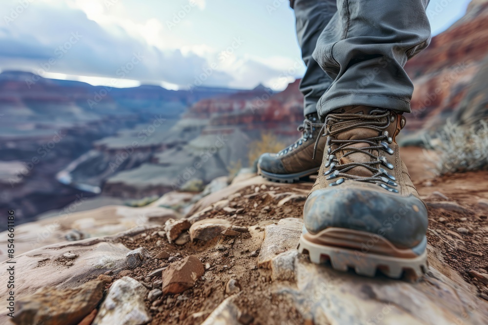 A close-up of hiking boots on a rocky trail with a majestic mountain range in the background. The image captures the essence of adventure and exploration A close-up of hiking boots on a rocky trail with a majestic mountain range in the background. The image captures the essence of adventure and exploration