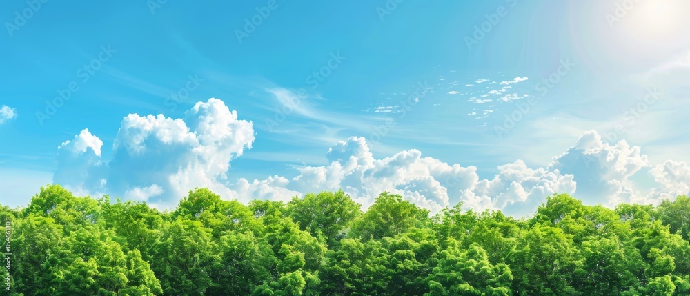 Fototapeta premium Bright sunny day with lush green trees under a clear blue sky filled with fluffy white clouds, perfect nature scenery for tranquil background.
