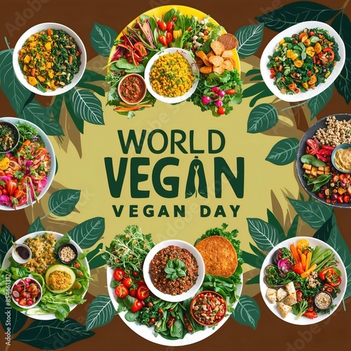 World Vegan Day showcasing a colorful, appetizing spread of plant-based dishes, beautifully arranged to highlight the variety and richness of vegan cuisine. social media post ads banner
