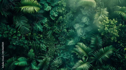 Tropical dense forest and environmental technology, green jungle with many leaves and plants. serene and peaceful mood, representation of nature's beauty and tranquility, landscape