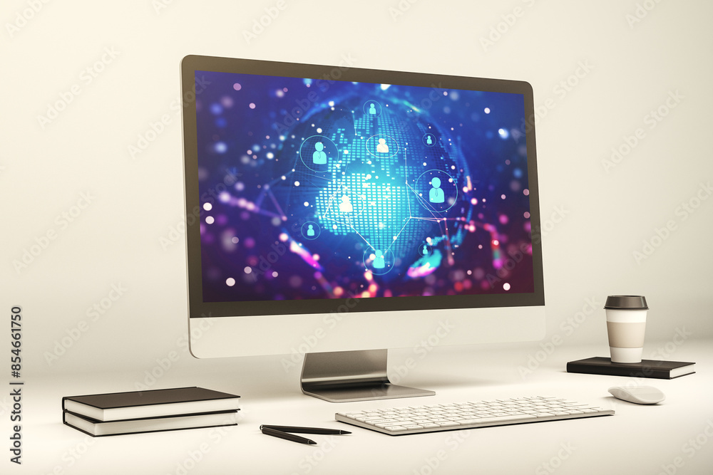 Social network media concept with world map on modern computer monitor. 3D Rendering Social network media concept with world map on modern computer monitor. 3D Rendering