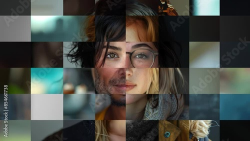 Fragmented portraits of people loopable animation, diversity concept, men and women looking into camera, front view