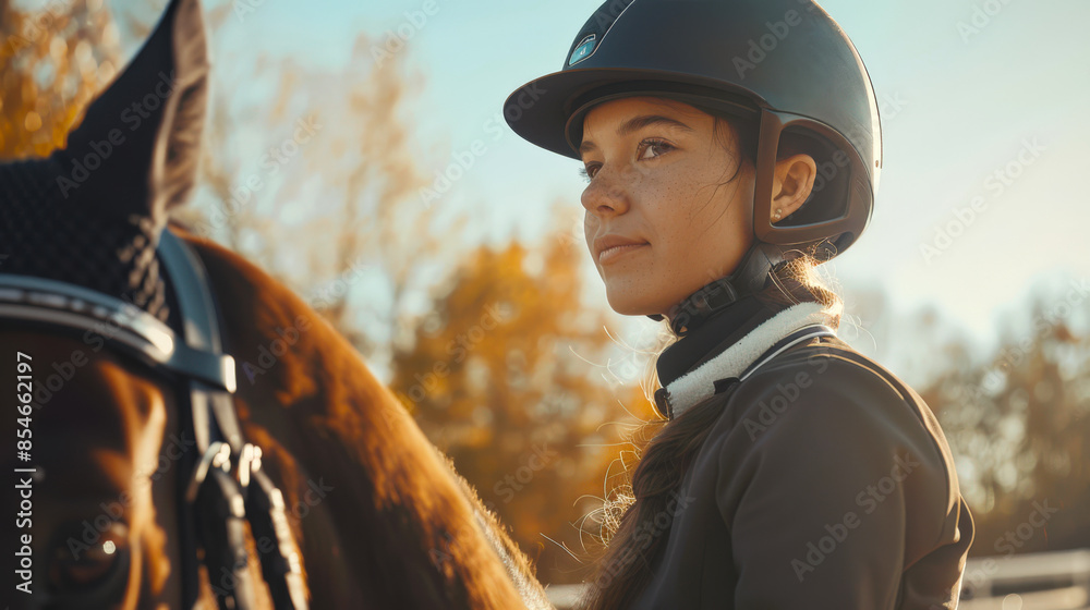 A beautiful young woman in riding gear stands next to a horse. Equestrian competition. An active lifestyle A beautiful young woman in riding gear stands next to a horse. Equestrian competition. An active lifestyle