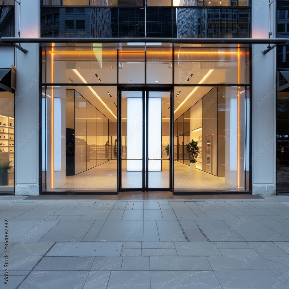 Modern glass storefront of a minimalist urban building in the evening with warm interior lighting and clean design. Modern glass storefront of a minimalist urban building in the evening with warm interior lighting and clean design.