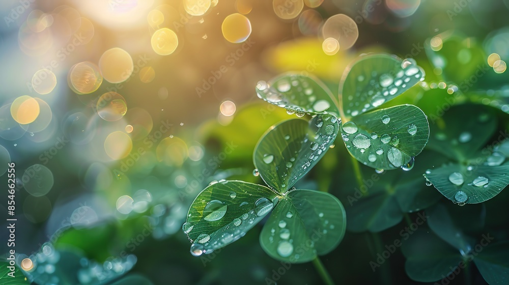 Fototapeta premium Lush green clover leaf field with morning dew drops on soft morning sun light blur and dreamy bokeh. Concept of freshness and vitality