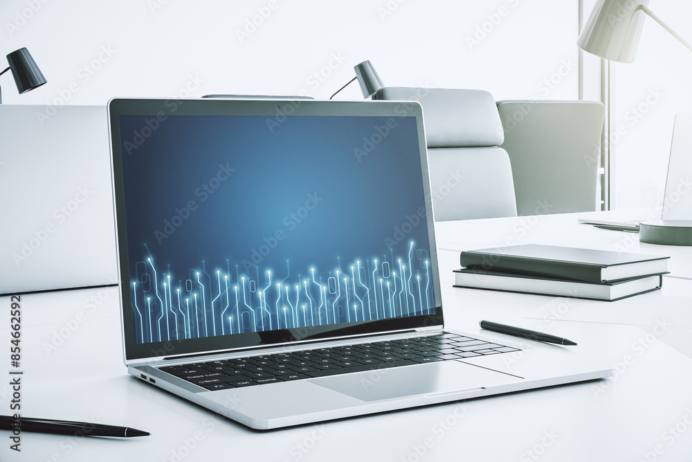 Fototapeta premium Creative concept of microscheme illustration on modern laptop screen. Big data and database concept. 3D Rendering