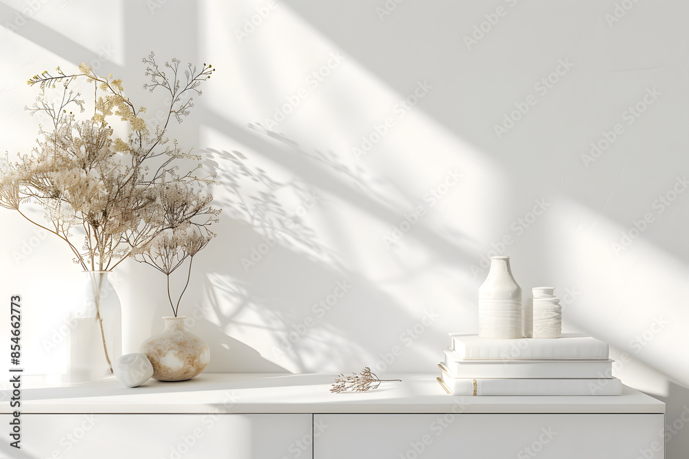 White home living room interior with drawer, decoration and books. Mockup wall Generative AI White home living room interior with drawer, decoration and books. Mockup wall Generative AI