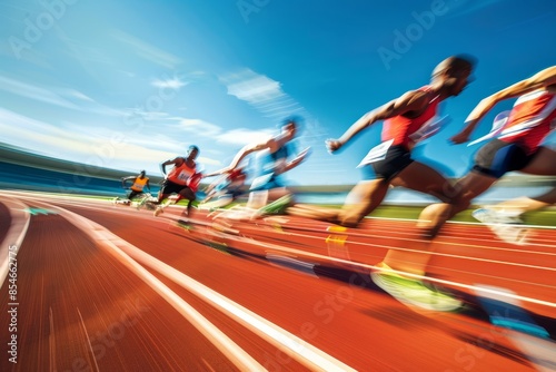 A low-angle shot capturing the blurred motion of a diverse group of runners sprinting on a red racetrack under a bright blue sky