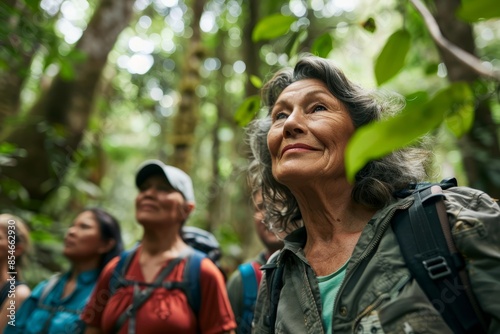 A low-angle shot captures a mature Latin woman leading a group of friends on a challenging hike through a dense, green forest