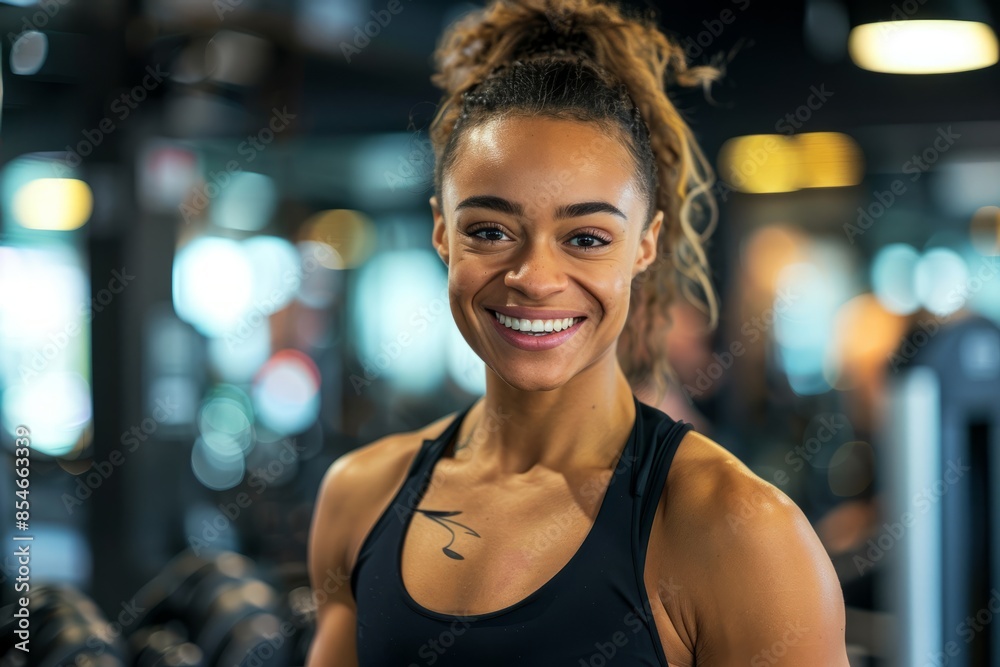 A vibrant photo of a sporty and confident female fitness trainer smiling warmly in a modern gym environment A vibrant photo of a sporty and confident female fitness trainer smiling warmly in a modern gym environment