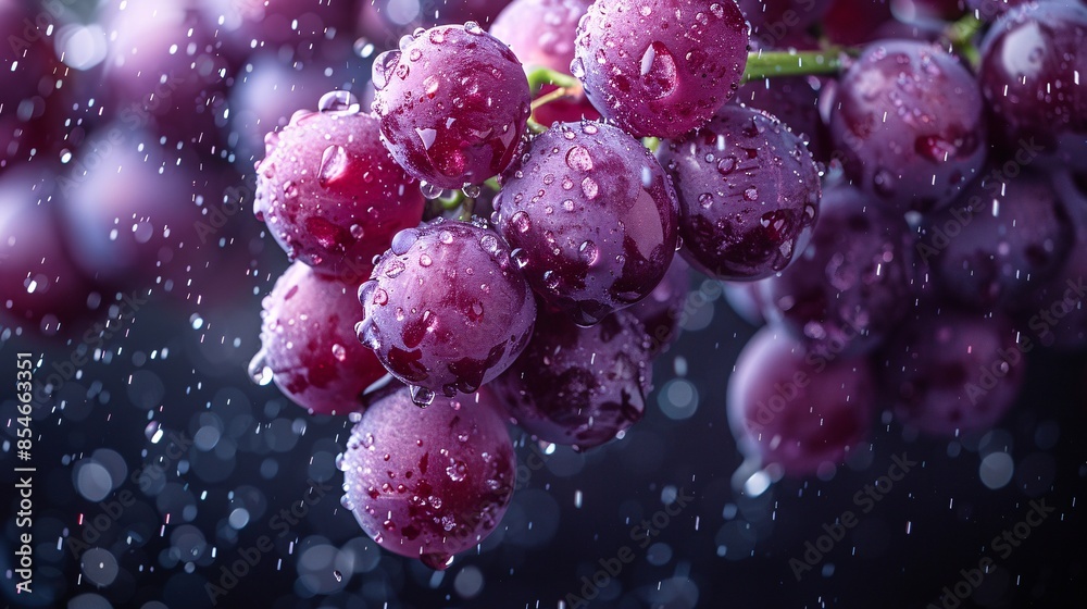 Wet red grapes with water droplets on a dark background. Wet red grapes with water droplets on a dark background.