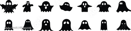 Ghost, phantom or apparition haunting Halloween black fill vectors icons Set for holiday apps and website. Simple spooky character. Scary ghostly monster Silhouette isolated on transparent background.