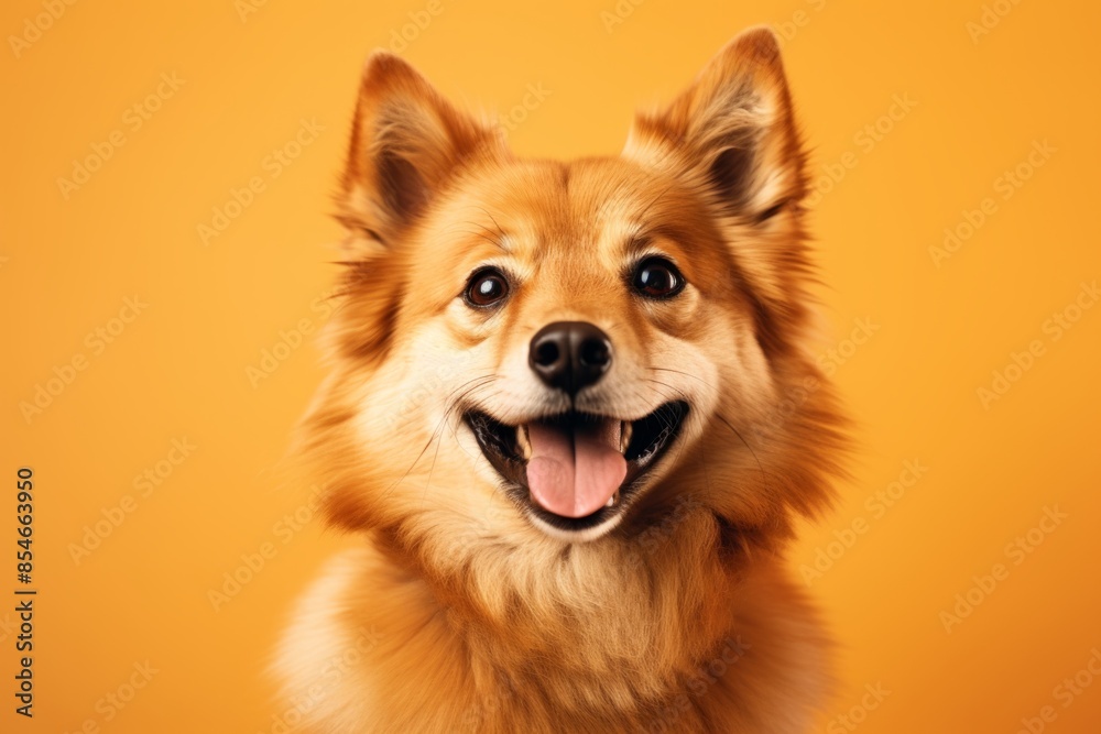 Portrait of a funny finnish spitz isolated on pastel orange background Portrait of a funny finnish spitz isolated on pastel orange background
