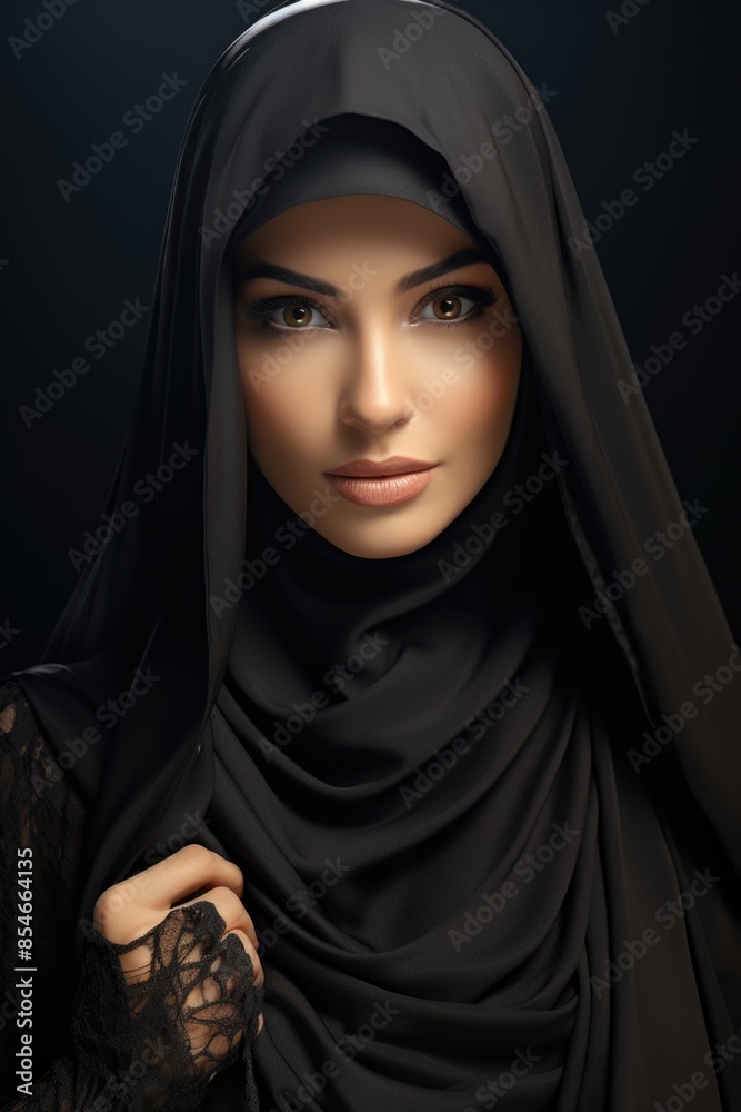 A woman wearing a black hijab posing for a photo shoot A woman wearing a black hijab posing for a photo shoot