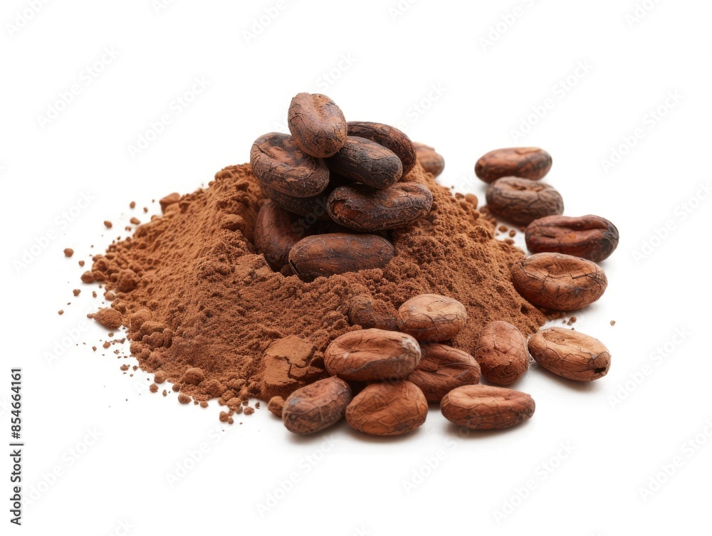 Two piles of cocoa beans on a flat surface, with a subtle focus on the texture and shape of the beans Two piles of cocoa beans on a flat surface, with a subtle focus on the texture and shape of the beans