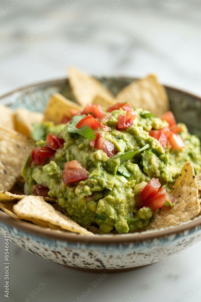 A bowl of fresh guacamole with tortilla chips agai 2