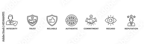 Credibility banner web icon with icon of integrity, trust, reliable, authentic, commitment, regard, and reputation	