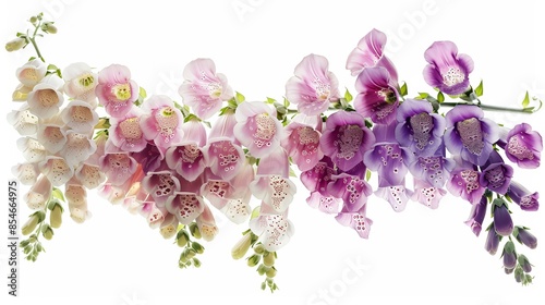 A cluster of delicate foxglove flowers in shades o 5 1 flower, pink, lilac, spring, nature, flowers, purple, plant, blossom, beauty, floral, blooming, isolated, flora, bloom, bud, petal, summer, bouqu photo