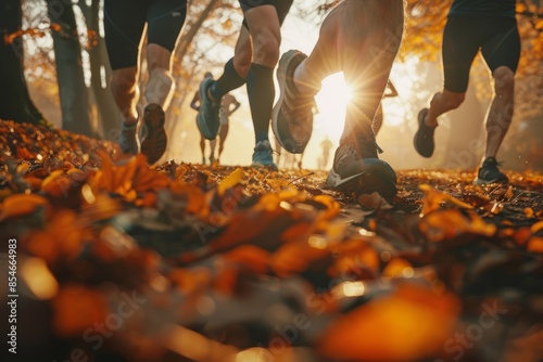 A close-up shot of the feet of diverse runners jogging through a forest path covered in autumn leaves