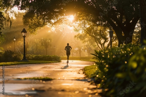 A lone runner is silhouetted against the golden light of sunrise as they jog down a paved pathway in a park © Elmira