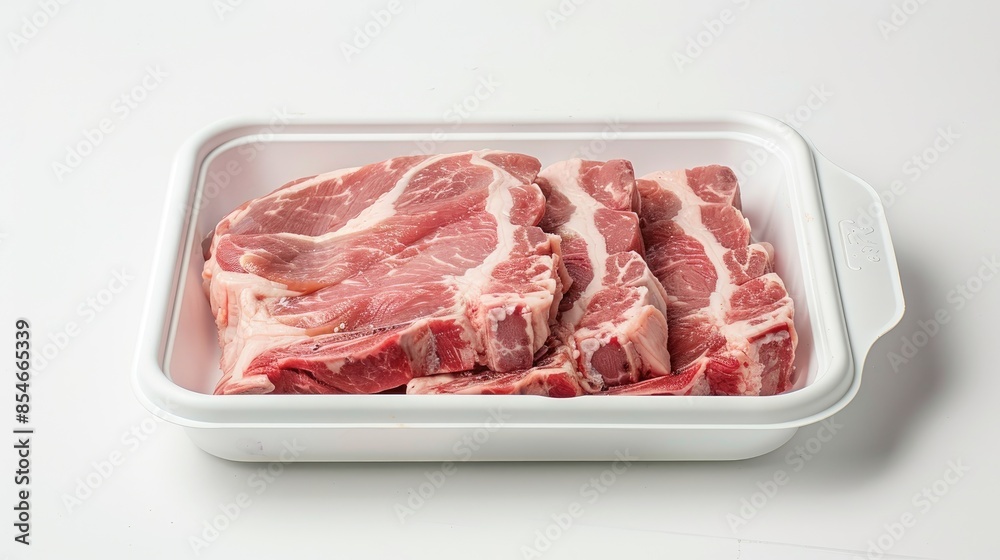 Raw pork meat on a plastic cutting board on a white surface Raw pork meat on a plastic cutting board on a white surface
