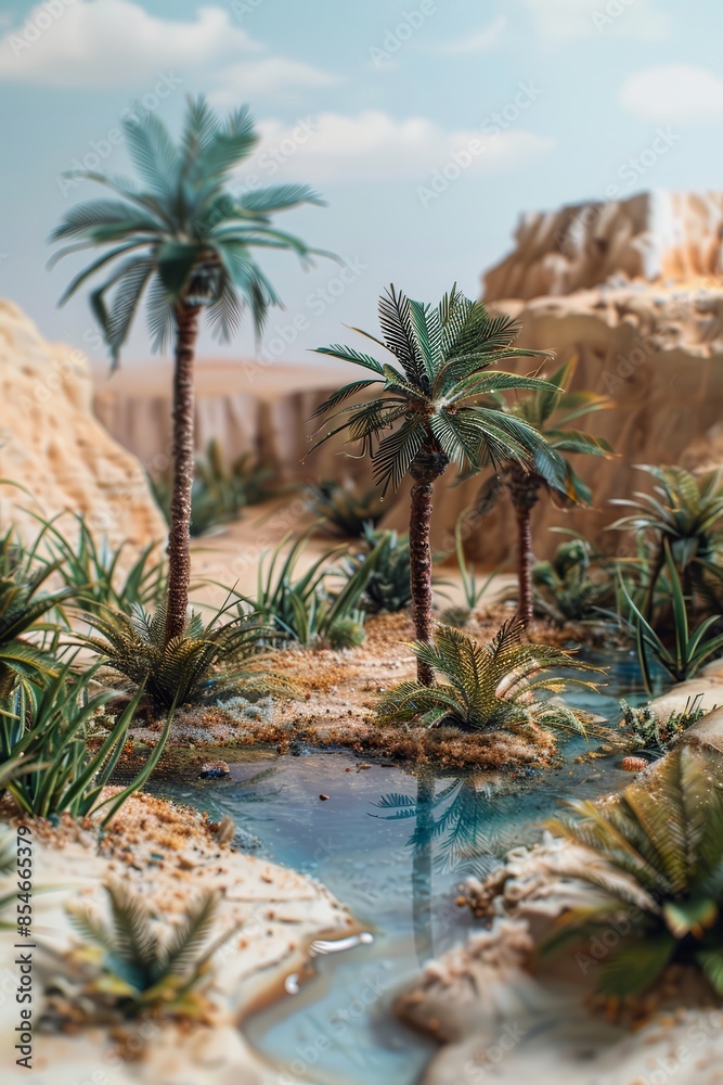 Fototapeta premium A desert oasis with a small pond and a few palm tr 66 1 palm, beach, tree, tropical, sea, ocean, sky, travel, nature, sand, island, palm tree, summer, vacation, water, landscape, palms, green, paradis