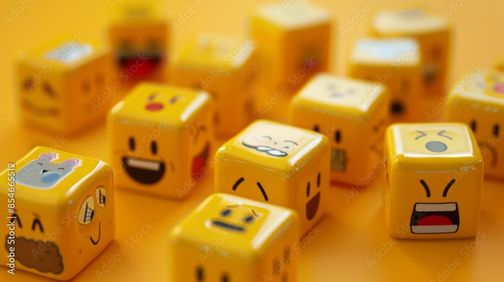 World emoji day with a funny emojis. Horizontal banner. A lot of yellow cubes with different emojis. Selection of mood, emotions. Yellow background. Free space for text, copy space World emoji day with a funny emojis. Horizontal banner. A lot of yellow cubes with different emojis. Selection of mood, emotions. Yellow background. Free space for text, copy space
