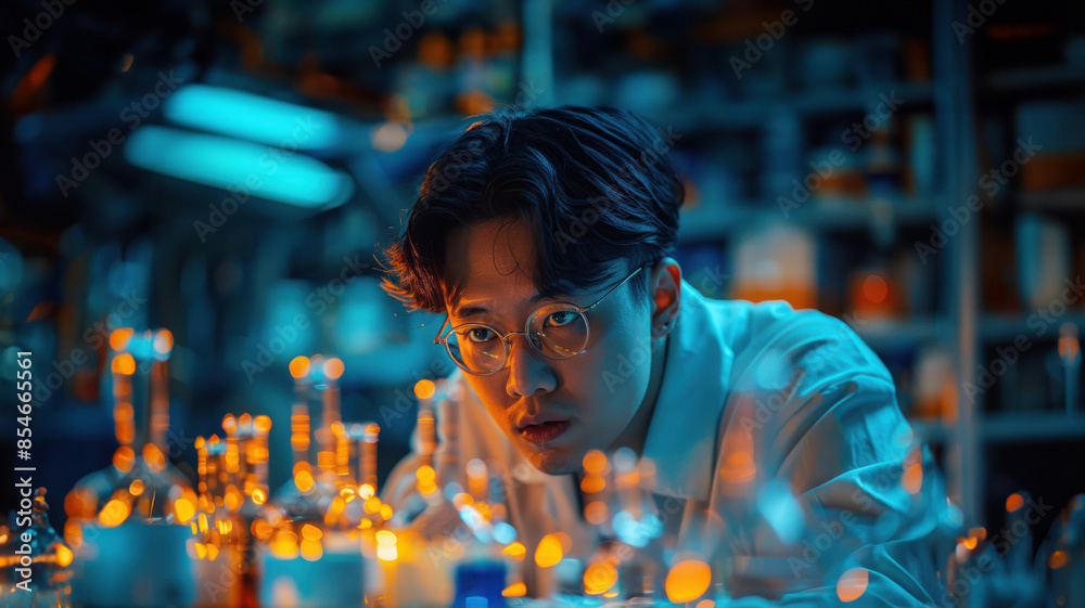 Asian Scientist in Lab with Blue and Orange Lights. Asian Scientist in Lab with Blue and Orange Lights.