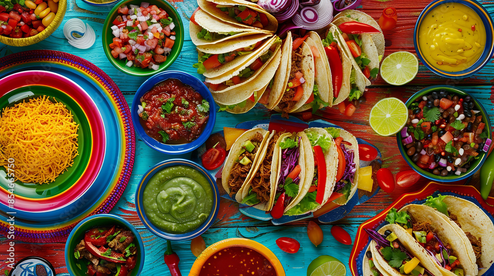 Festive Mexican Fiesta Table with Assorted Tacos and Colorful Decor  