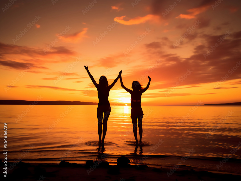  two young women standing on the beach with their arms raised, sunset, lake, orange sky