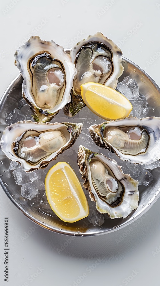 A plate of fresh, opened oysters on ice with lemon wedges, a delicious seafood appetizer A plate of fresh, opened oysters on ice with lemon wedges, a delicious seafood appetizer