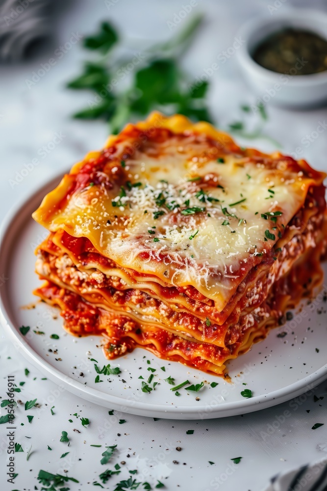 A plate of homemade lasagna with layers of pasta 