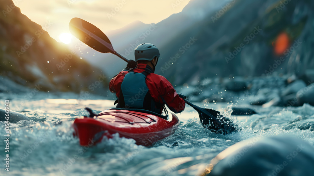 Fototapeta premium Adventure seeker kayaking through rough mountain river during sunrise, showcasing the thrill and beauty of outdoor water sports.