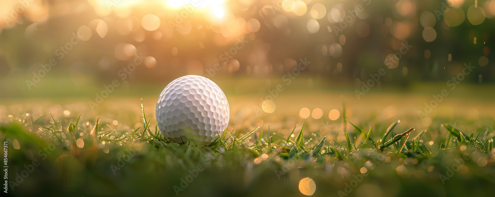 Close-up shot of a golf ball on green grass, illuminated by golden sunlight, creating a serene, early morning atmosphere on a golf course. Close-up shot of a golf ball on green grass, illuminated by golden sunlight, creating a serene, early morning atmosphere on a golf course.