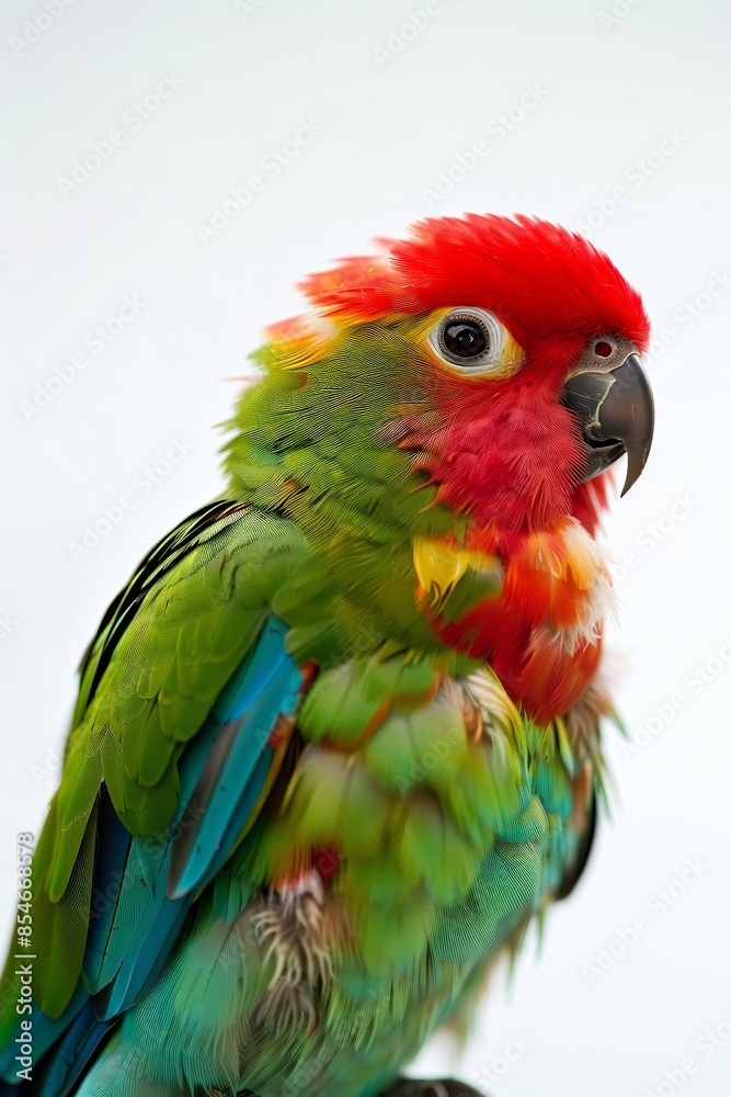 A small parrot with vibrant colors perched on a wh 21