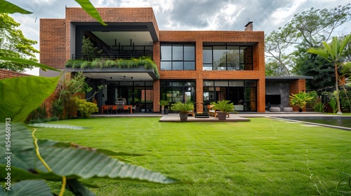 Grassy lawn with lush plants growing in backyard of modern brick house against cloudy sky in daytime © Lucky Ai