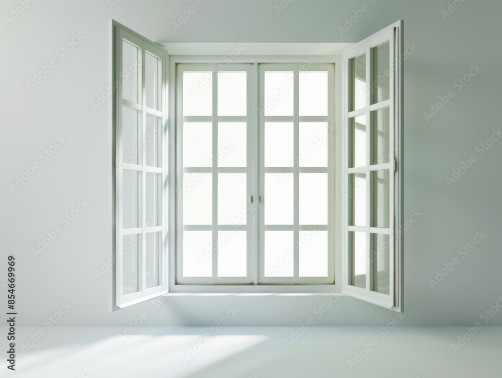 An open window with natural light pouring in against a plain white background An open window with natural light pouring in against a plain white background