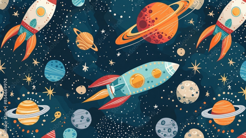 Cute space-themed illustrations for kids' rooms, books, fabrics, and greeting cards. Great for decorating nursery walls and creating a fun and imaginative space Cute space-themed illustrations for kids' rooms, books, fabrics, and greeting cards. Great for decorating nursery walls and creating a fun and imaginative space
