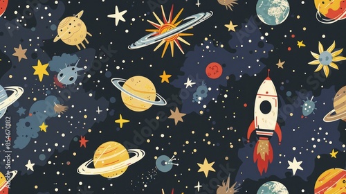 Cute space-themed illustrations for kids' rooms, books, fabrics, and greeting cards. Great for decorating nursery walls and creating a fun and imaginative space photo