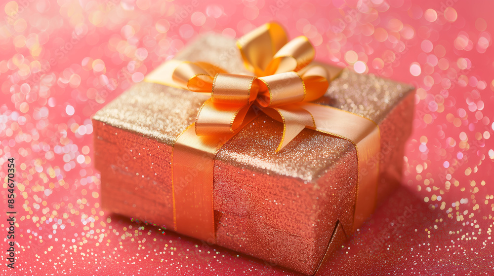 A sparkling gold gift box adorned with a bright orange ribbon set against a glittery pink bokeh background, symbolizing celebration and festivity. A sparkling gold gift box adorned with a bright orange ribbon set against a glittery pink bokeh background, symbolizing celebration and festivity.